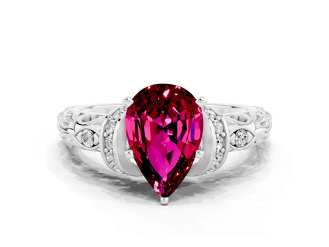 White gold Pear Cut Garnet Solitaire Ring with Filigree Band and Four-Prong Setting_72