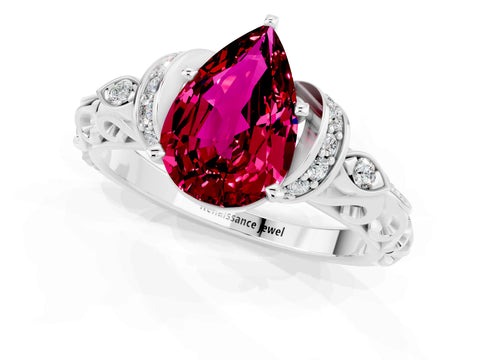 White gold Pear Cut Garnet Solitaire Ring with Filigree Band and Four-Prong Setting_73