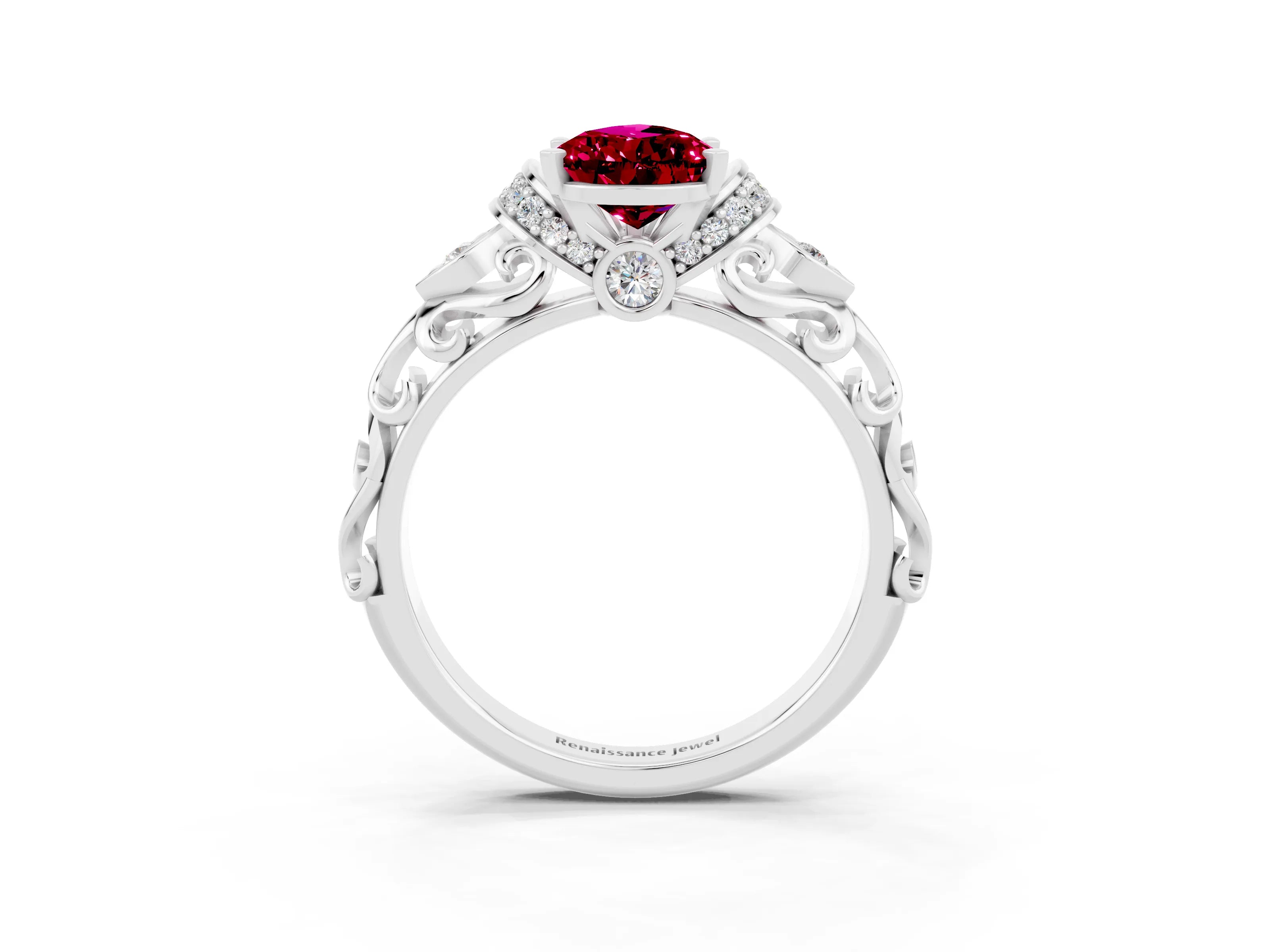 White gold Pear Cut Garnet Solitaire Ring with Filigree Band and Four-Prong Setting_75