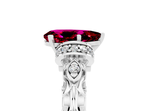 White gold Pear Cut Garnet Solitaire Ring with Filigree Band and Four-Prong Setting_77