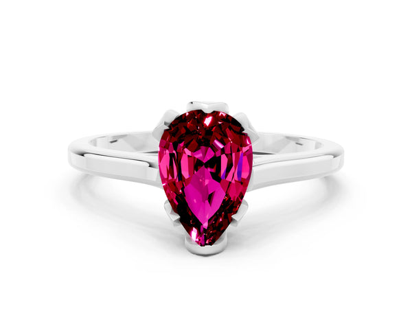 Platinum Pear Cut Garnet Solitaire Ring with Flower Prong Setting and Classic Band