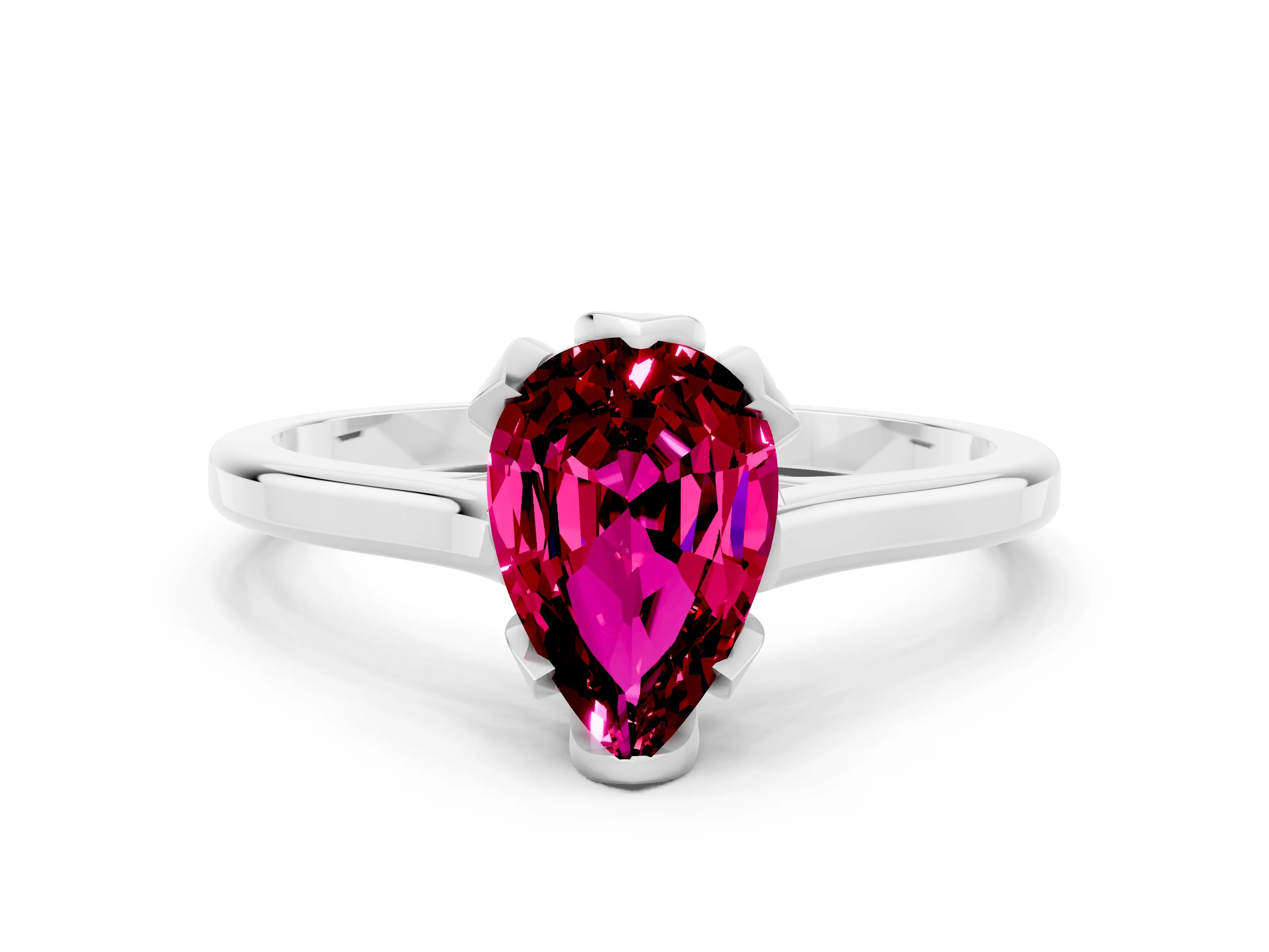 White gold Pear Cut Garnet Solitaire Ring with Flower Prong Setting and Classic Band_12