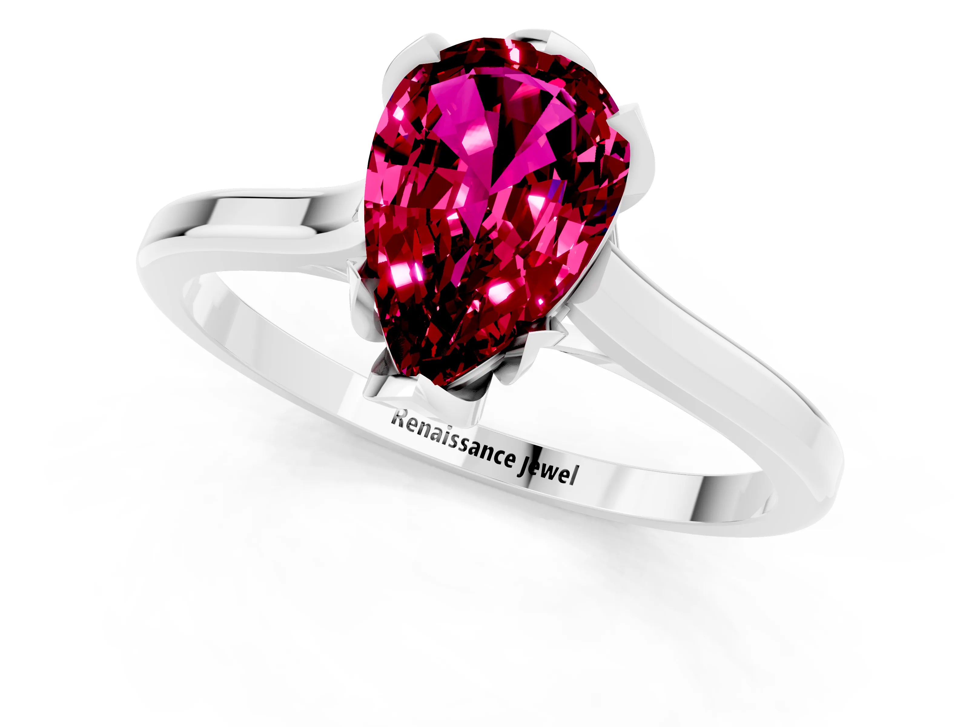 White gold Pear Cut Garnet Solitaire Ring with Flower Prong Setting and Classic Band_13