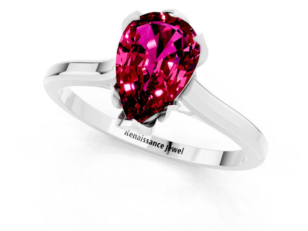 Silver Pear Cut Garnet Solitaire Ring with Flower Prong Setting and Classic Band