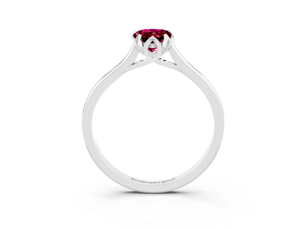 White gold Pear Cut Garnet Solitaire Ring with Flower Prong Setting and Classic Band
