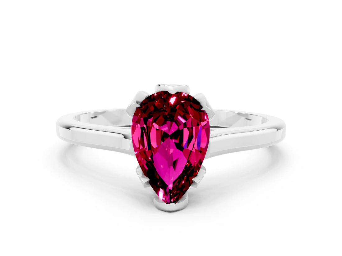 White gold Pear Cut Garnet Solitaire Ring with Flower Prong Setting and Classic Band_48