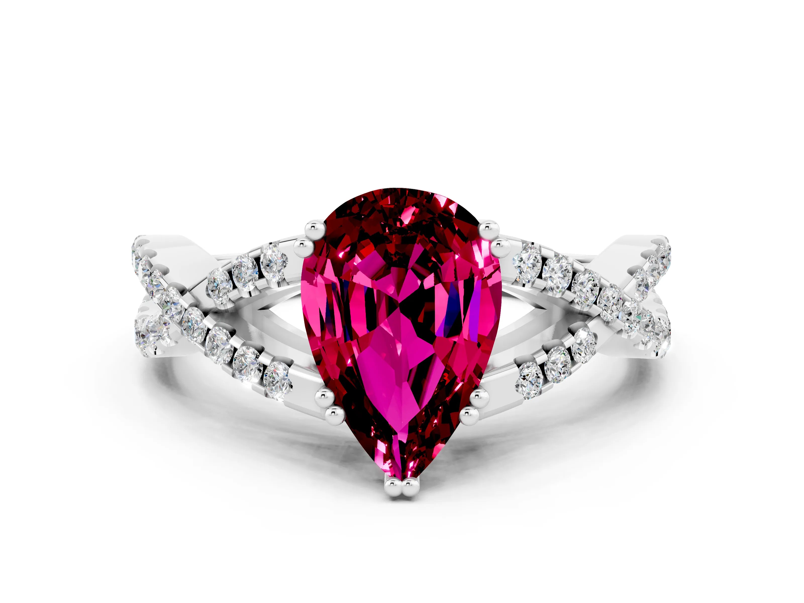 White gold Pear Cut Garnet Solitaire Ring with Four-Prong Setting and Twisted Pavé Band