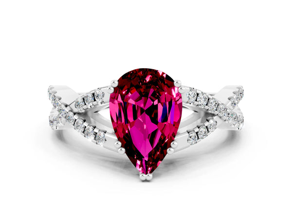 White gold Pear Cut Garnet Solitaire Ring with Four-Prong Setting and Twisted Pavé Band