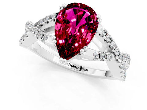White gold Pear Cut Garnet Solitaire Ring with Four-Prong Setting and Twisted Pavé Band_1