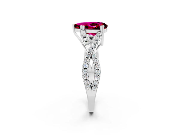 Platinum Pear Cut Garnet Solitaire Ring with Four-Prong Setting and Twisted Pavé Band
