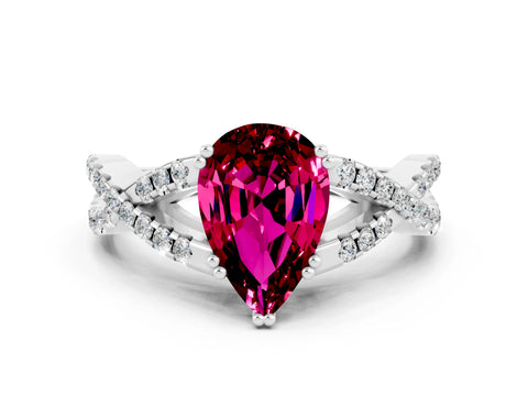 White gold Pear Cut Garnet Solitaire Ring with Four-Prong Setting and Twisted Pavé Band