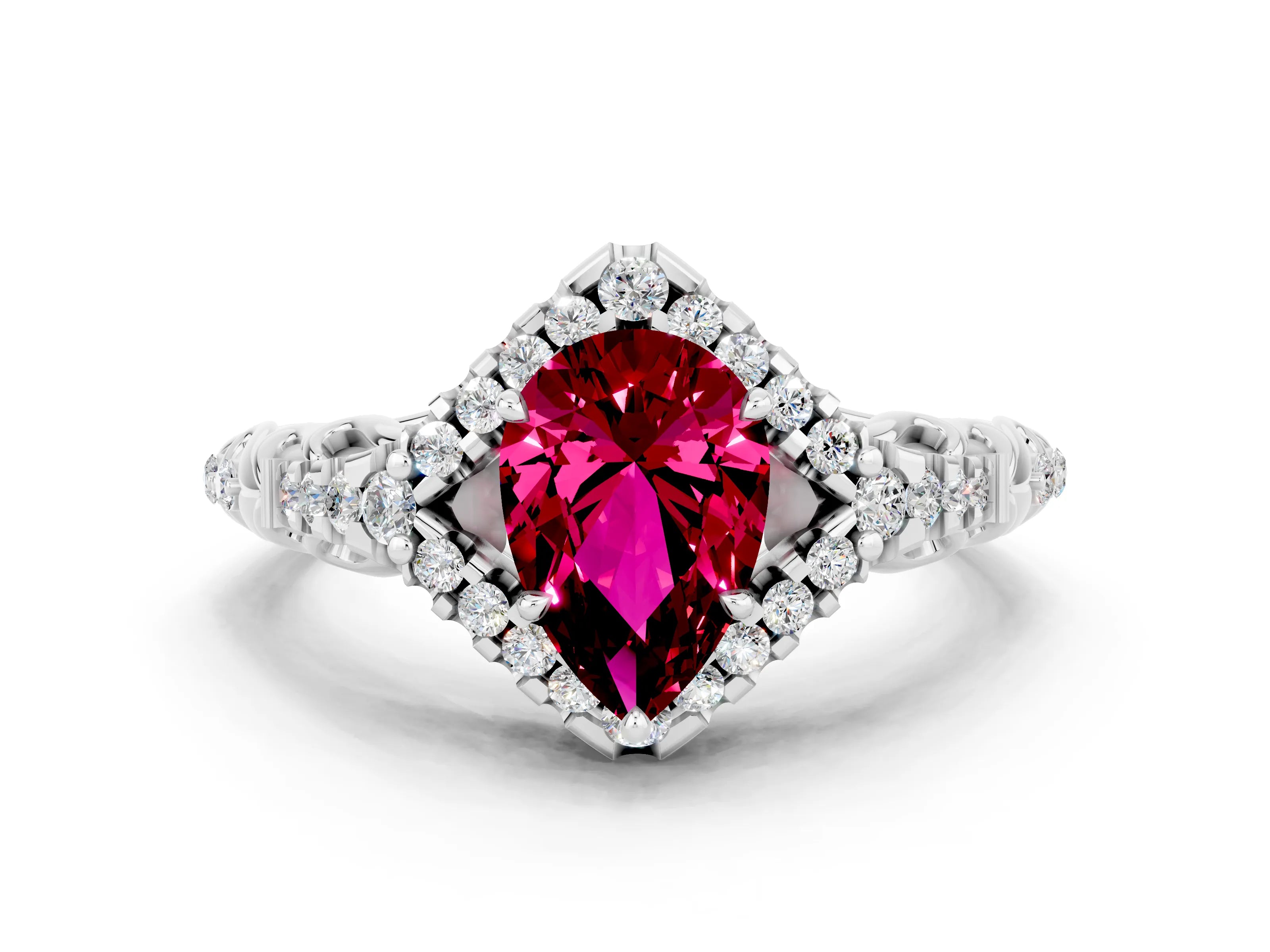 White gold Pear Cut Garnet Solitaire Ring with Hidden Halo and Pavé Band_12