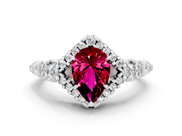 Platinum Pear Cut Garnet Solitaire Ring with Hidden Halo and Pavé Band