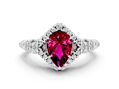 White gold Pear Cut Garnet Solitaire Ring with Hidden Halo and Pavé Band_12