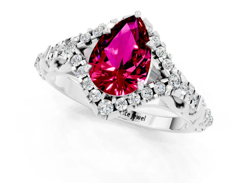 White gold Pear Cut Garnet Solitaire Ring with Hidden Halo and Pavé Band_13