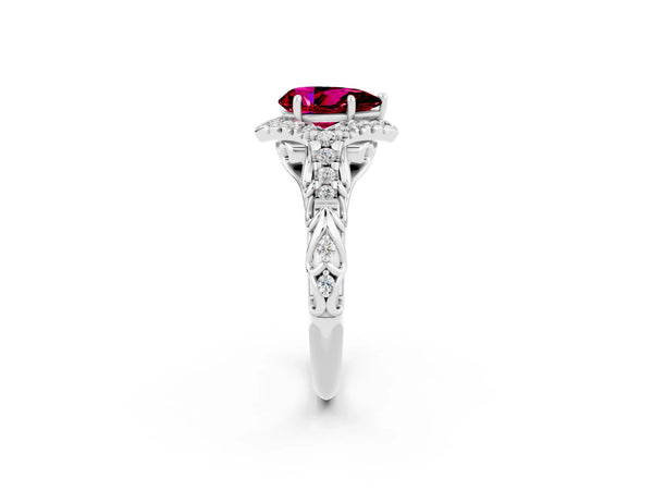 Silver Pear Cut Garnet Solitaire Ring with Hidden Halo and Pavé Band