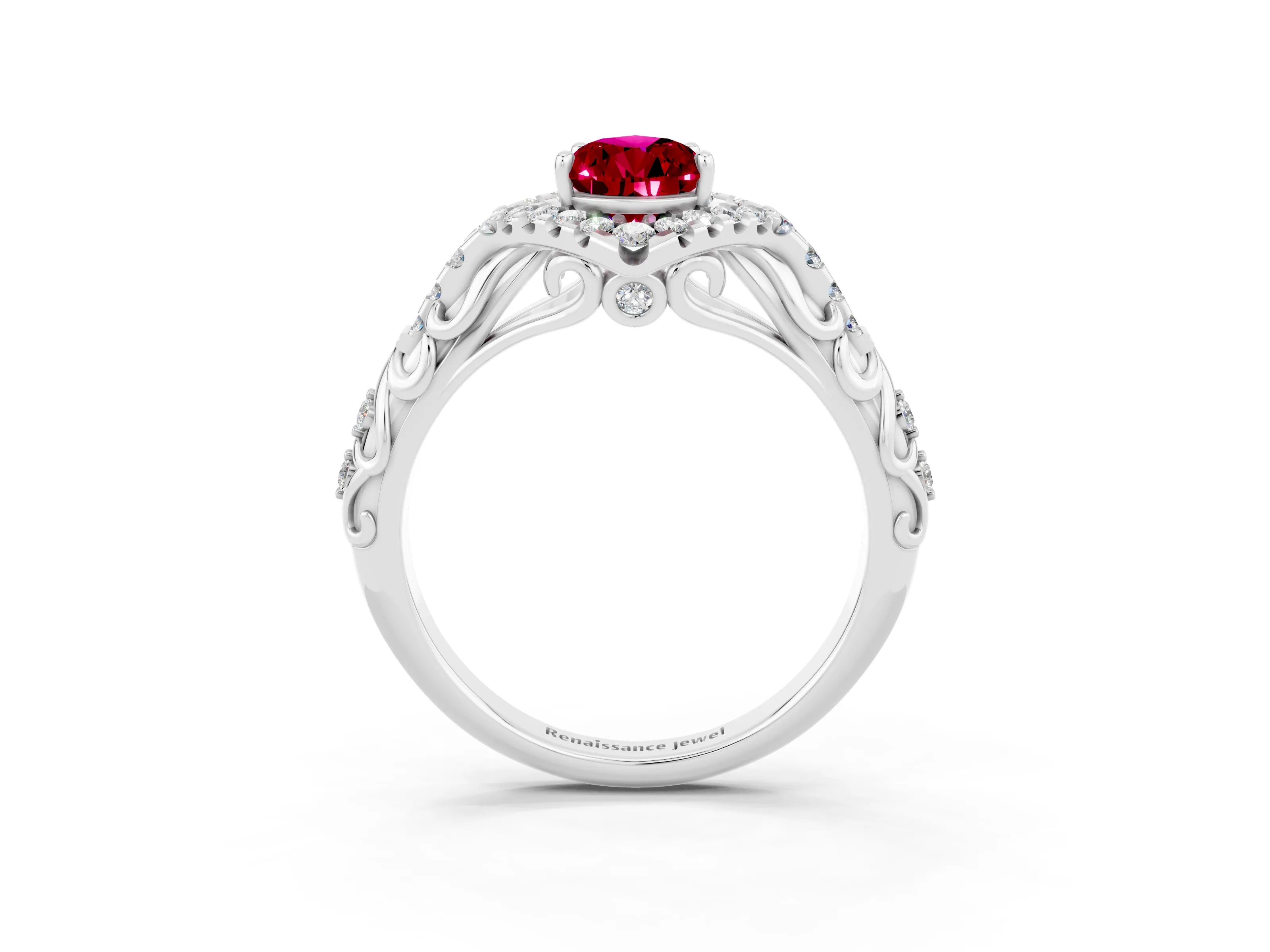 White gold Pear Cut Garnet Solitaire Ring with Hidden Halo and Pavé Band_15