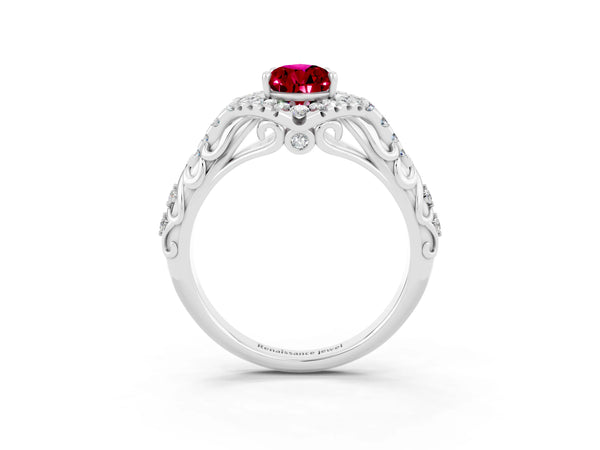 Platinum Pear Cut Garnet Solitaire Ring with Hidden Halo and Pavé Band