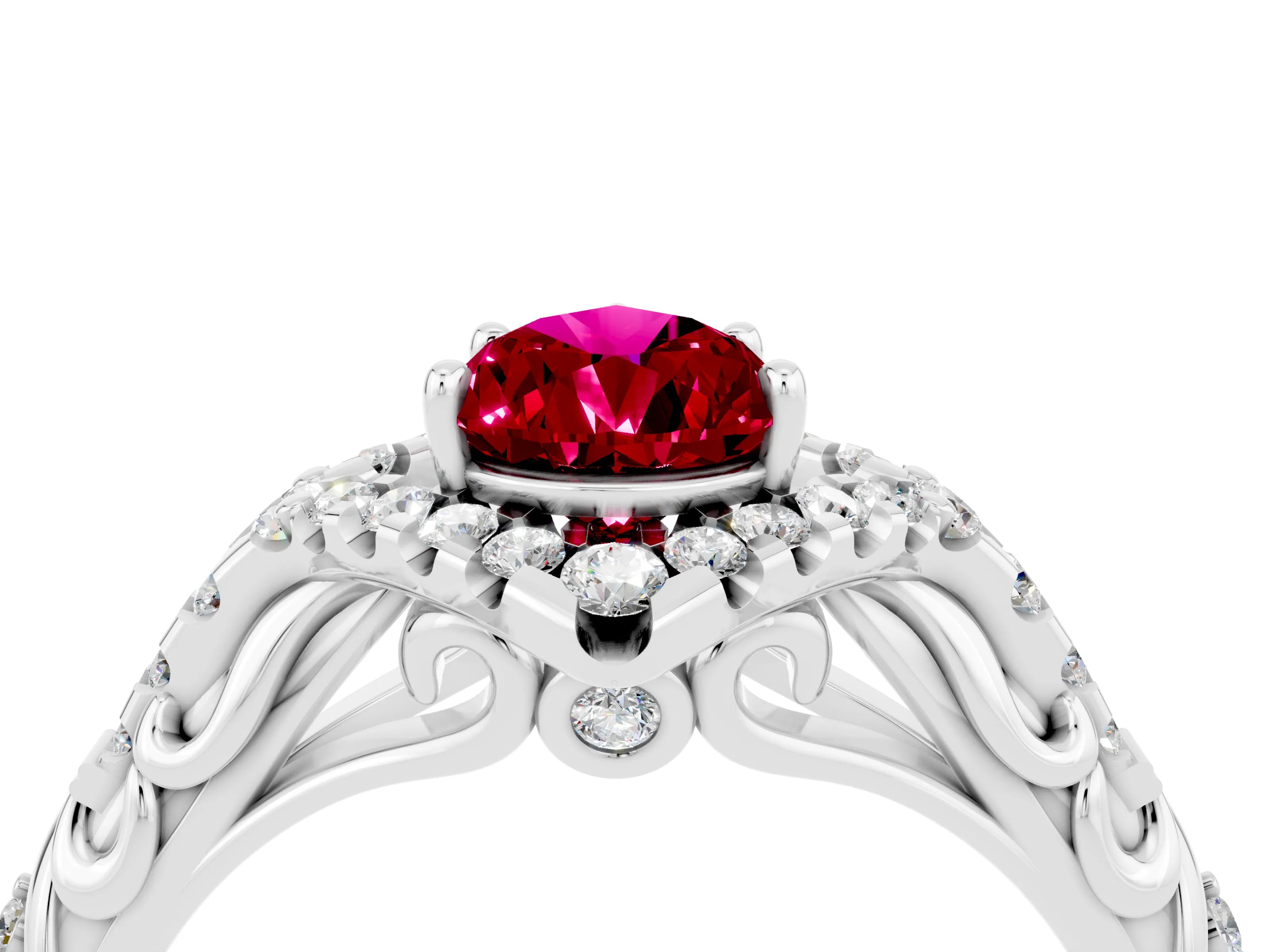 White gold Pear Cut Garnet Solitaire Ring with Hidden Halo and Pavé Band_16