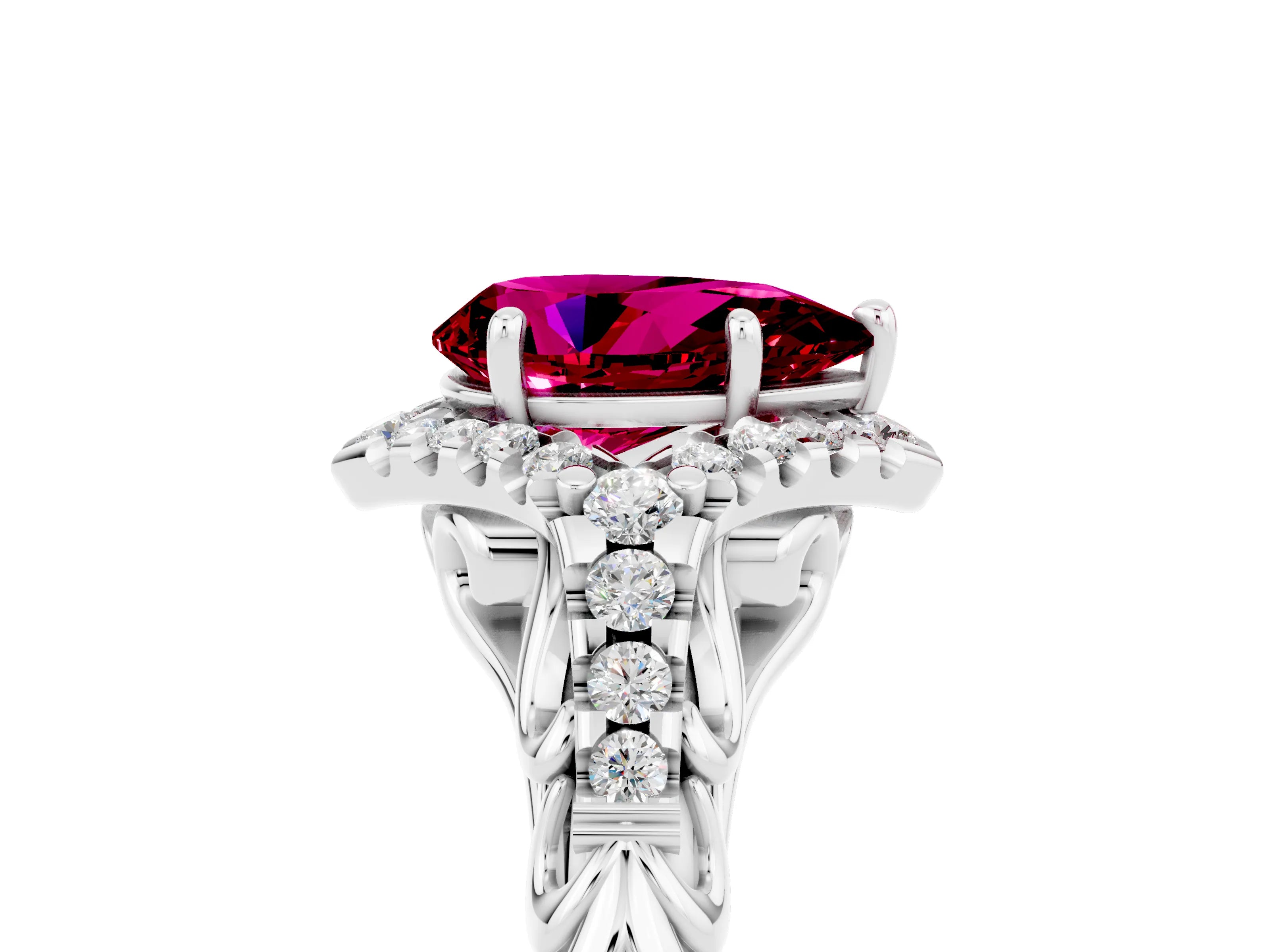White gold Pear Cut Garnet Solitaire Ring with Hidden Halo and Pavé Band_17