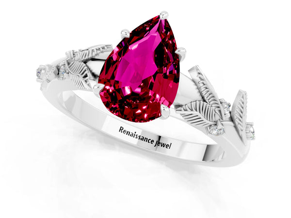 White gold Pear Cut Garnet Solitaire Ring with Leaf Motif Band and Four-Prong Setting