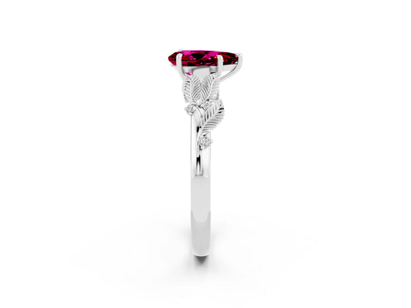 White gold Pear Cut Garnet Solitaire Ring with Leaf Motif Band and Four-Prong Setting