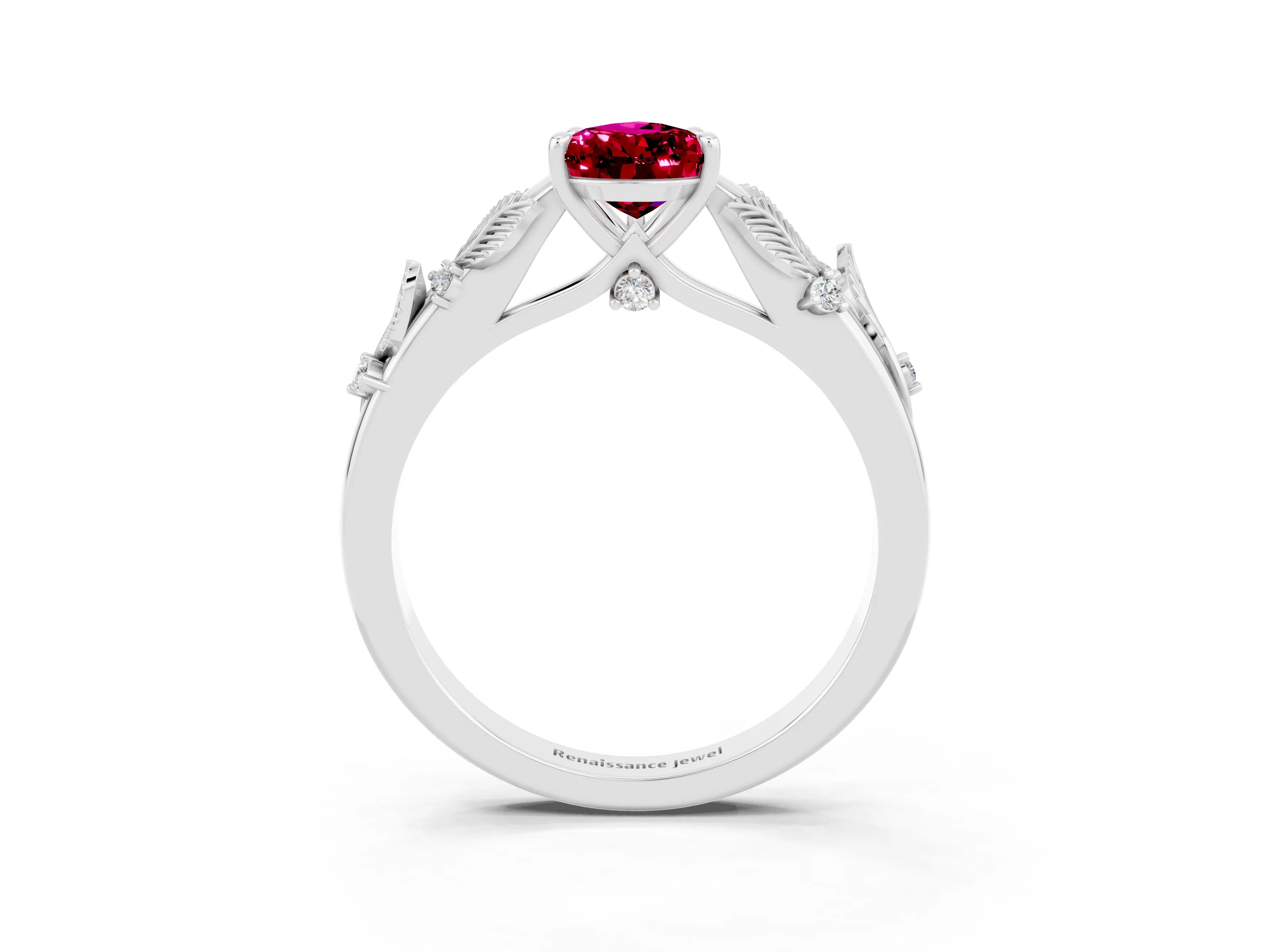 White gold Pear Cut Garnet Solitaire Ring with Leaf Motif Band and Four-Prong Setting_15