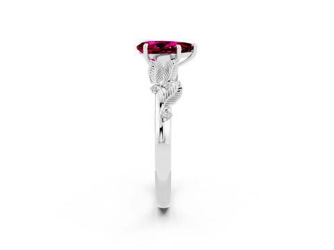 White gold Pear Cut Garnet Solitaire Ring with Leaf Motif Band and Four-Prong Setting_2