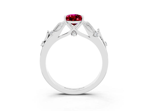 Silver Pear Cut Garnet Solitaire Ring with Leaf Motif Band and Four-Prong Setting