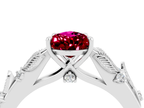 White gold Pear Cut Garnet Solitaire Ring with Leaf Motif Band and Four-Prong Setting_4