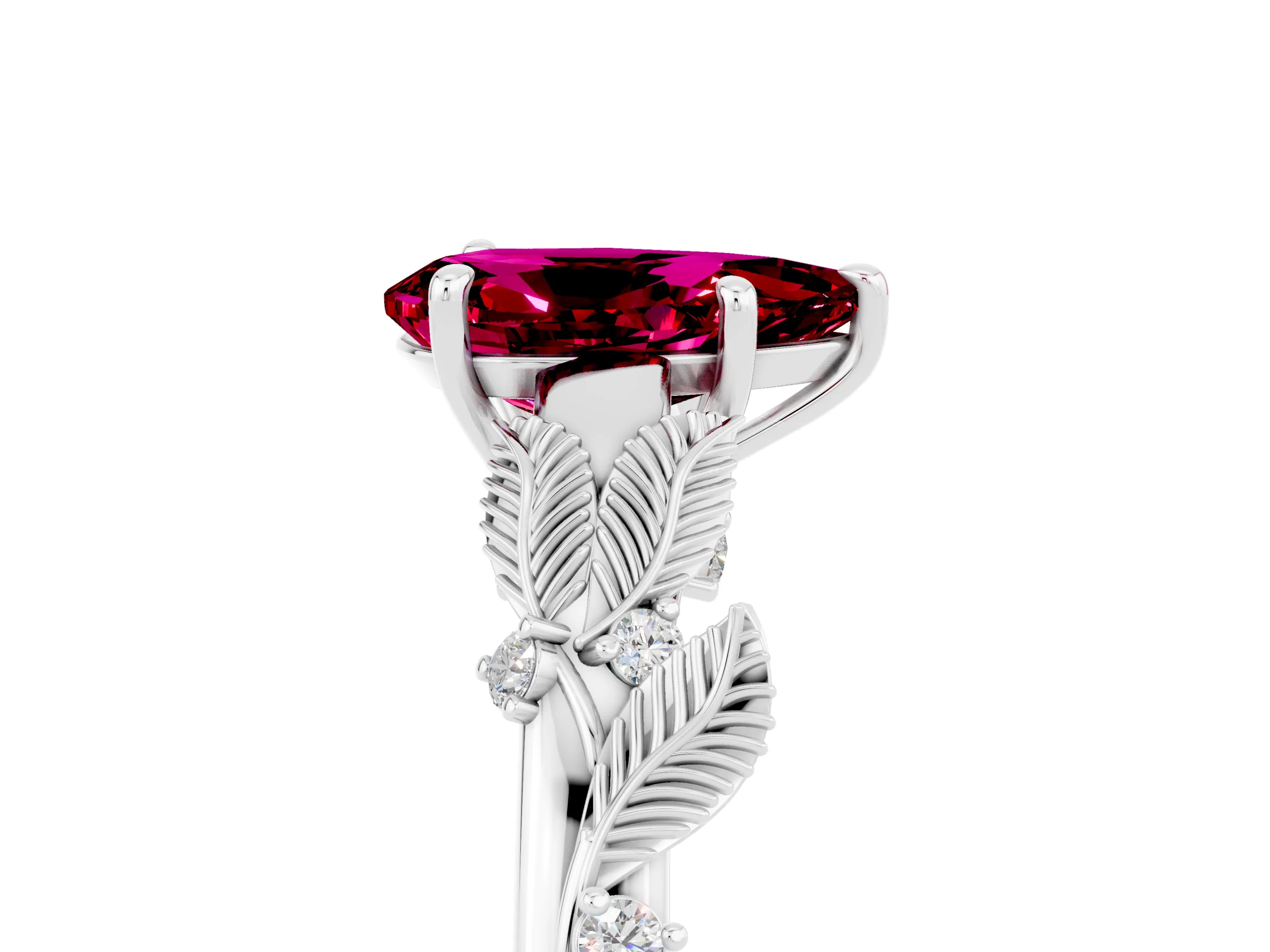 White gold Pear Cut Garnet Solitaire Ring with Leaf Motif Band and Four-Prong Setting_5