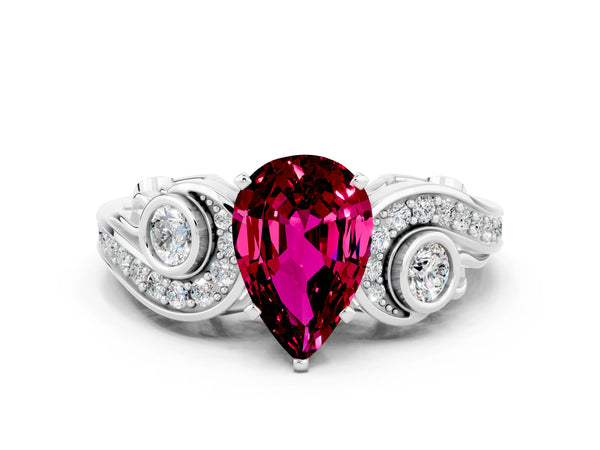 Platinum Pear Cut Garnet Solitaire Ring with Milgrain Pavé Band and Four-Prong Setting