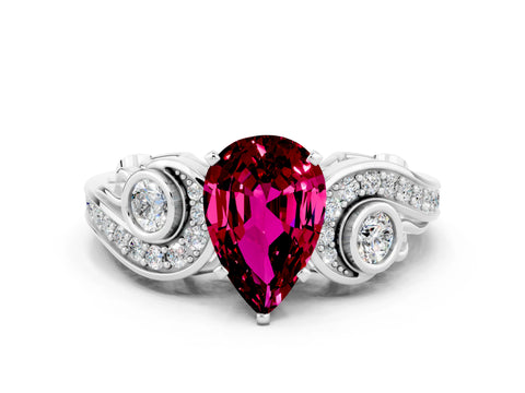 White gold Pear Cut Garnet Solitaire Ring with Milgrain Pavé Band and Four-Prong Setting_12