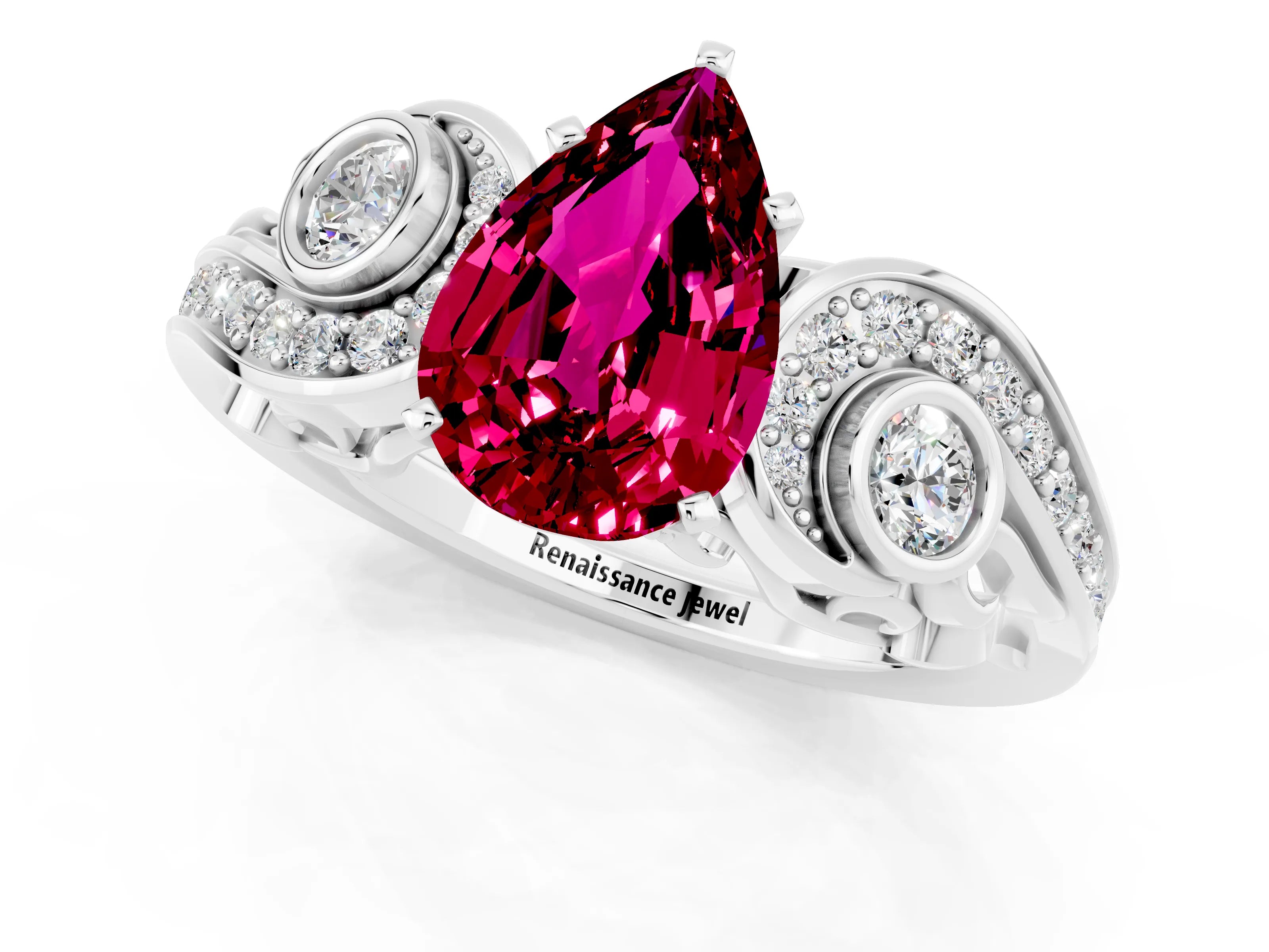 White gold Pear Cut Garnet Solitaire Ring with Milgrain Pavé Band and Four-Prong Setting_13