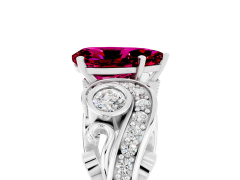 White gold Pear Cut Garnet Solitaire Ring with Milgrain Pavé Band and Four-Prong Setting_17