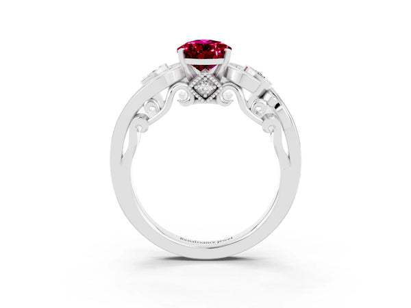 White gold Pear Cut Garnet Solitaire Ring with Milgrain Pavé Band and Four-Prong Setting