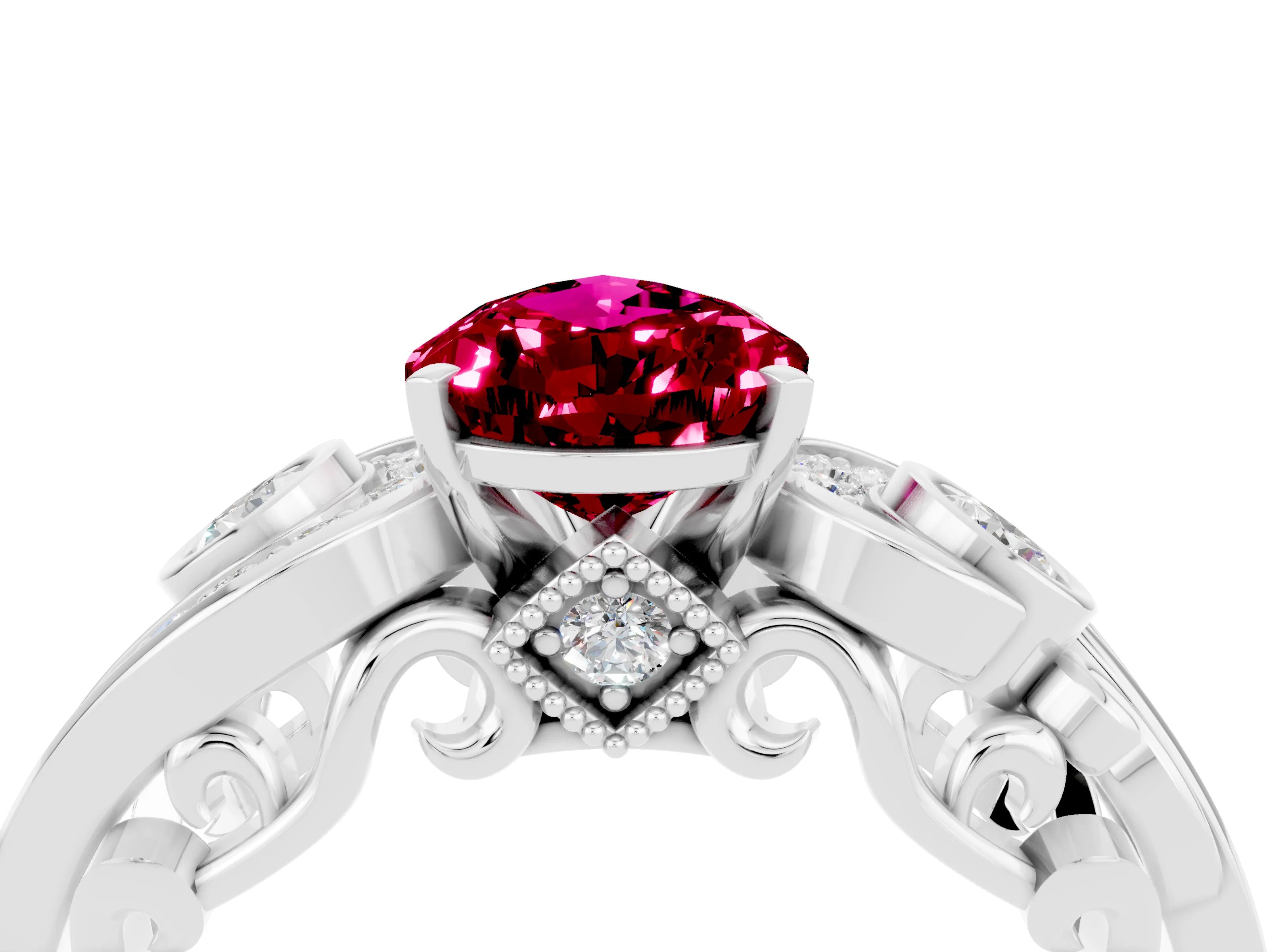 White gold Pear Cut Garnet Solitaire Ring with Milgrain Pavé Band and Four-Prong Setting_52