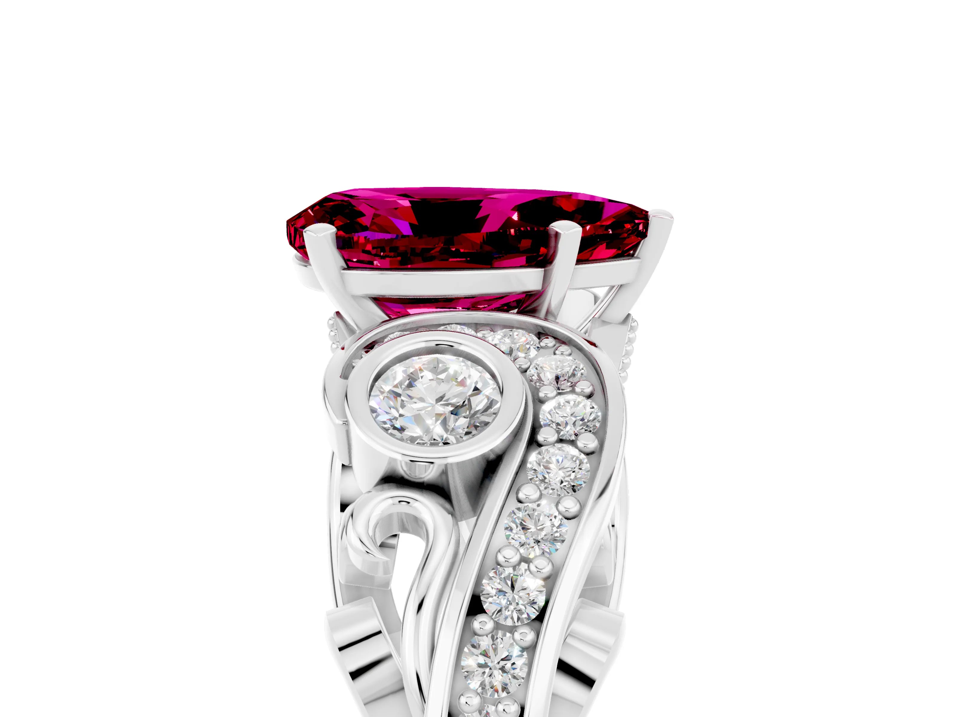 White gold Pear Cut Garnet Solitaire Ring with Milgrain Pavé Band and Four-Prong Setting_53