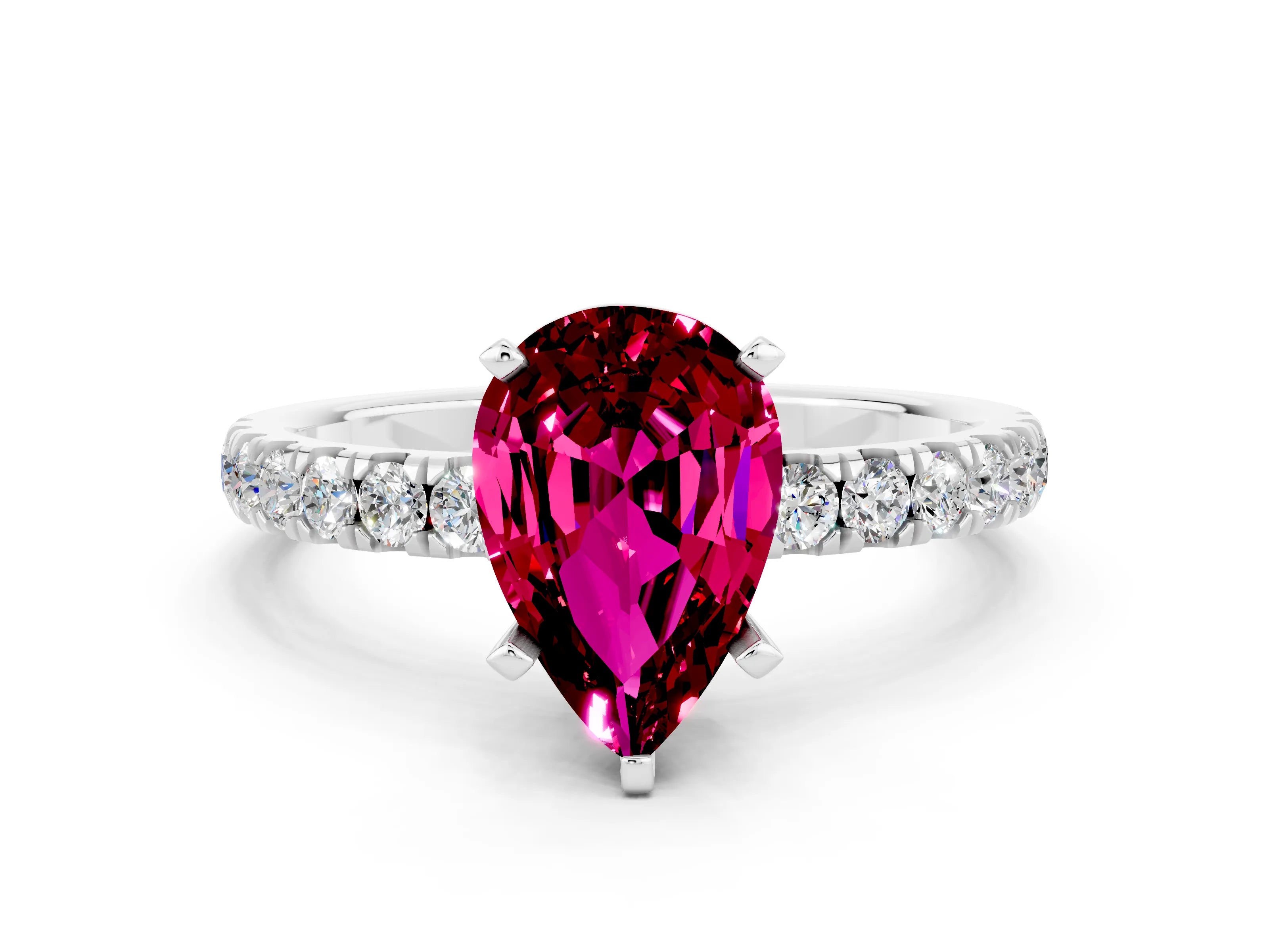 White gold Pear Cut Garnet Solitaire Ring with Pavé Accents and Four-Prong Setting