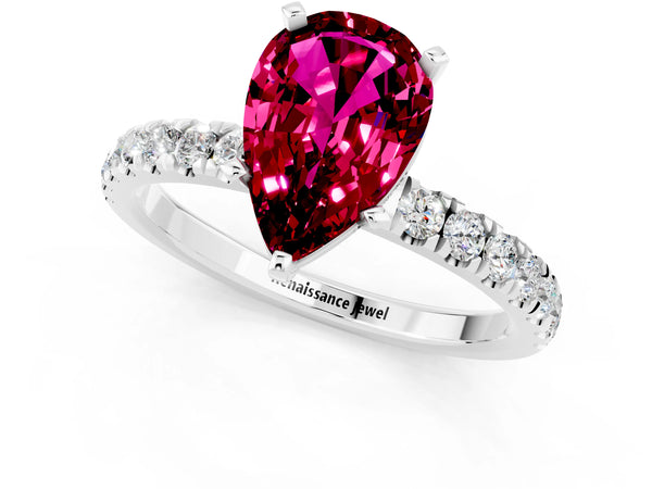 Silver Pear Cut Garnet Solitaire Ring with Pavé Accents and Four-Prong Setting