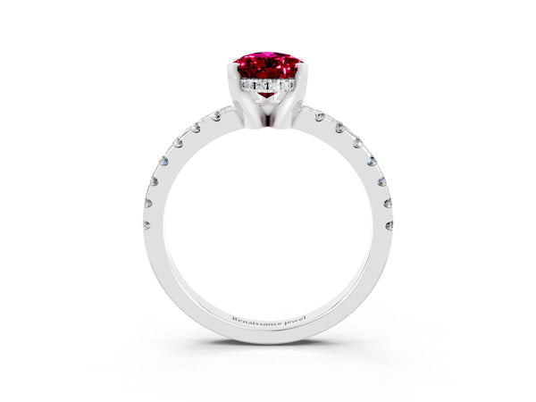 White gold Pear Cut Garnet Solitaire Ring with Round  Pavé Band and Four-Prong Setting