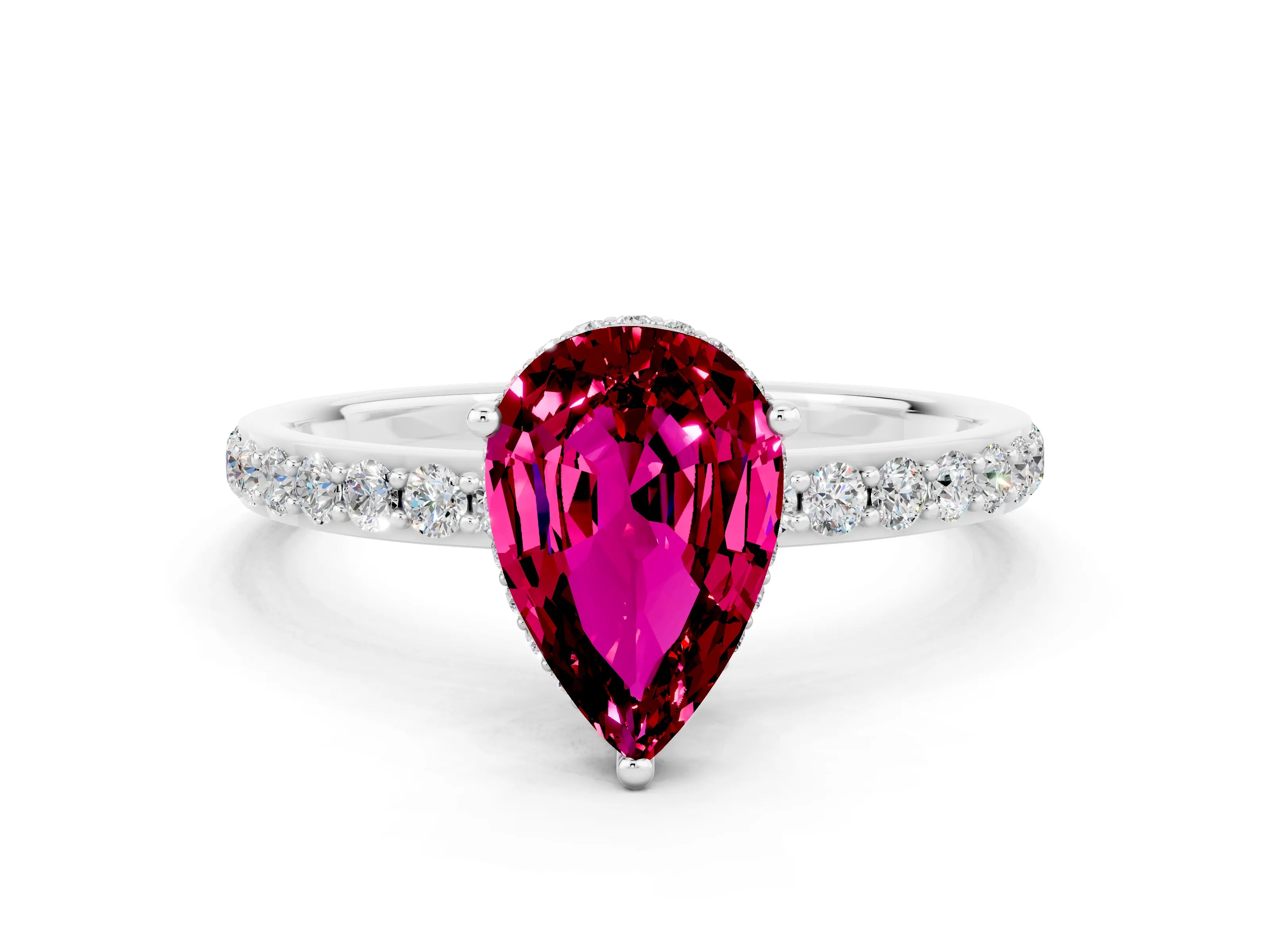 White gold Pear Cut Garnet Solitaire Ring with Pavé Band and Hidden Halo