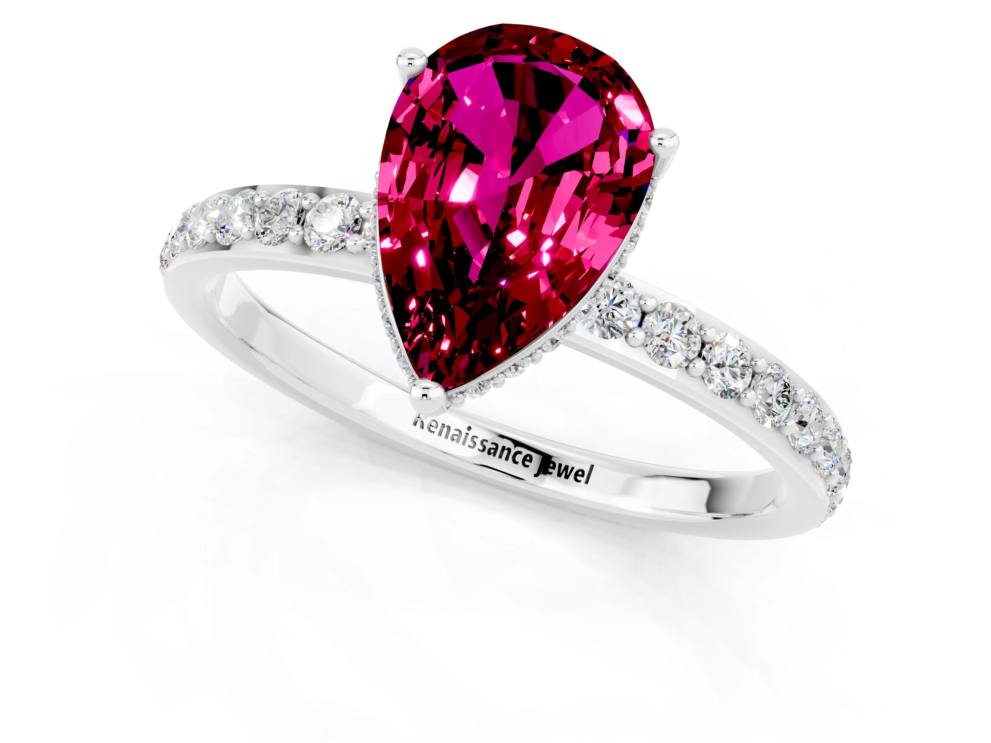 White gold Pear Cut Garnet Solitaire Ring with Pavé Band and Hidden Halo_1