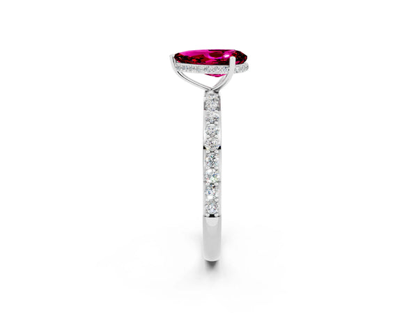 Platinum Pear Cut Garnet Solitaire Ring with Pavé Band and Hidden Halo