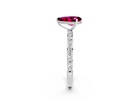 White gold Pear Cut Garnet Solitaire Ring with Pavé Band and Hidden Halo_2