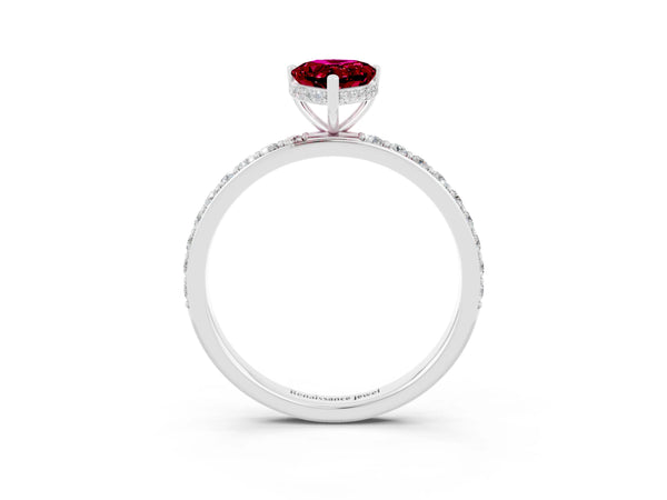 Silver Pear Cut Garnet Solitaire Ring with Pavé Band and Hidden Halo