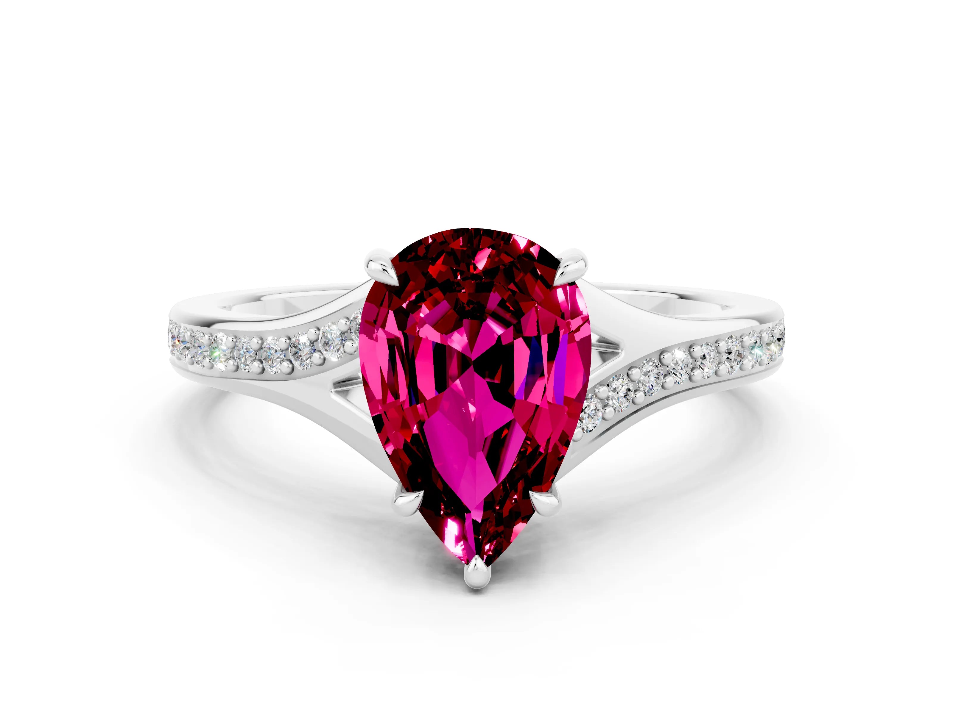 White gold Pear Cut Garnet Solitaire Ring with Pavé Band and Prong Setting