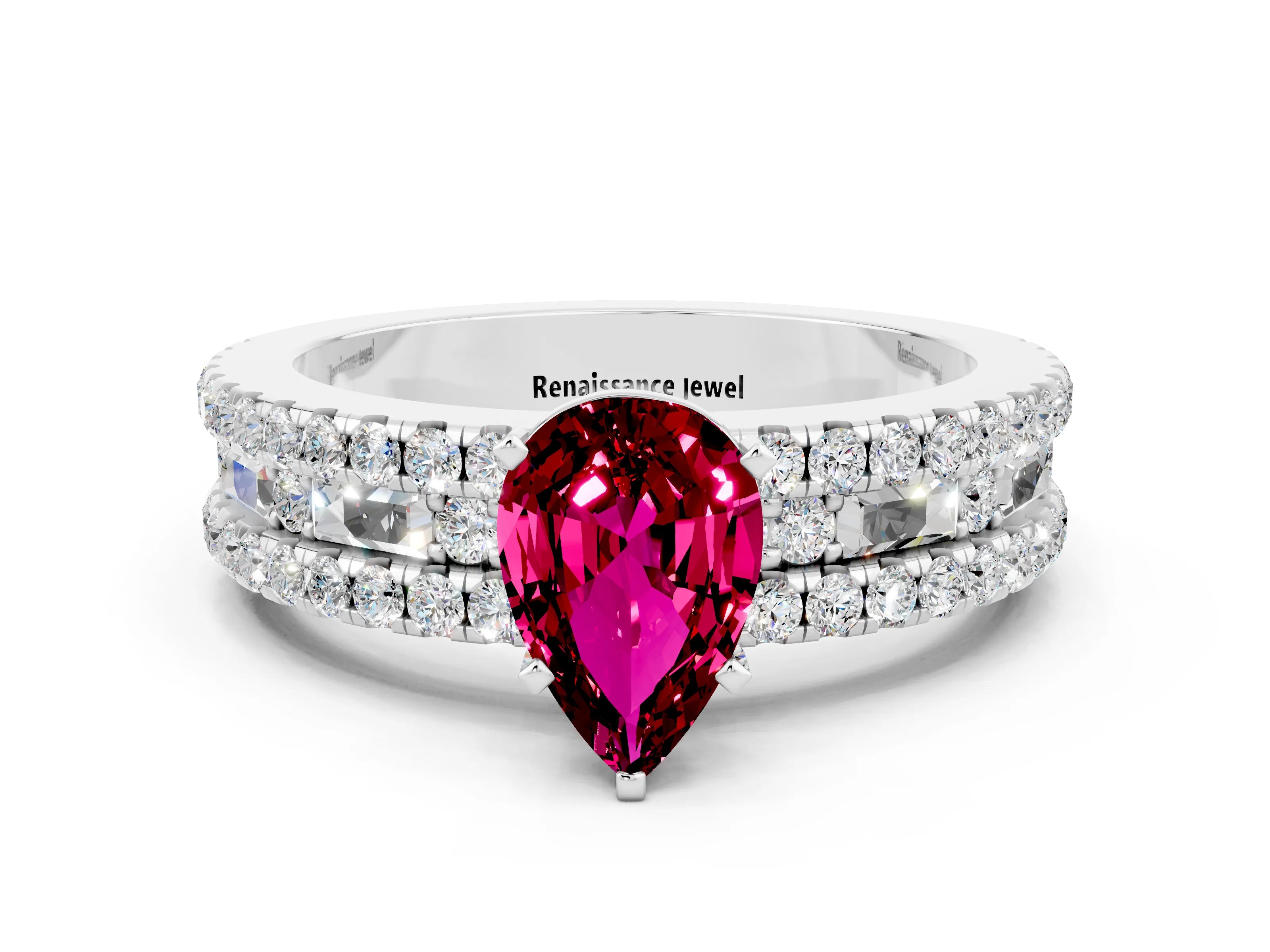 White gold Pear Cut Garnet Solitaire Ring with Pavé and Channel Set Band