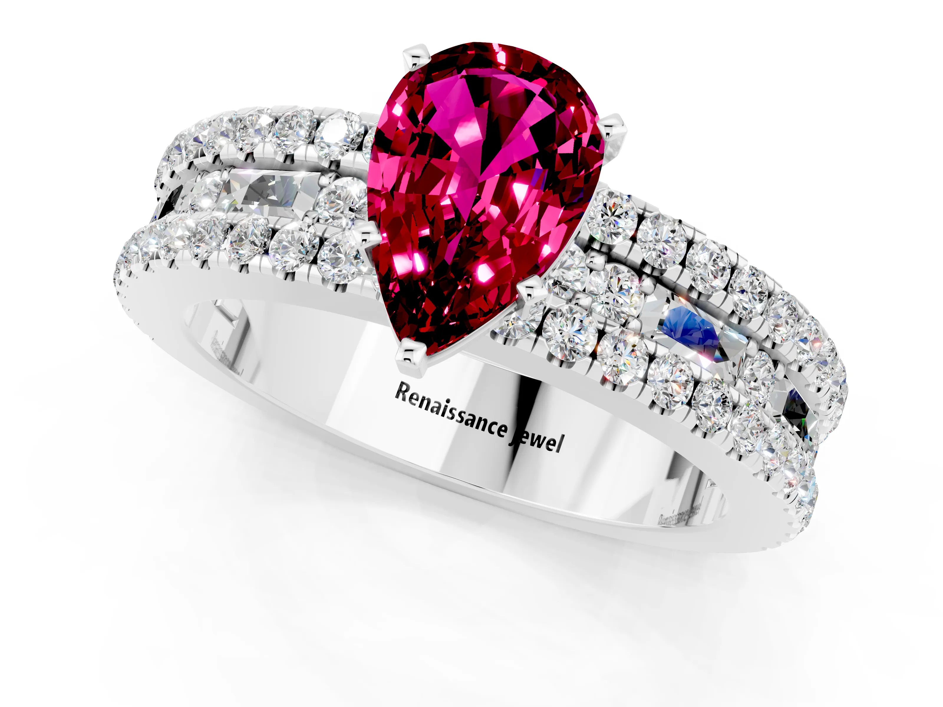 White gold Pear Cut Garnet Solitaire Ring with Pavé and Channel Set Band_1