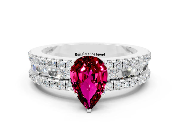 White gold Pear Cut Garnet Solitaire Ring with Pavé and Channel Set Band